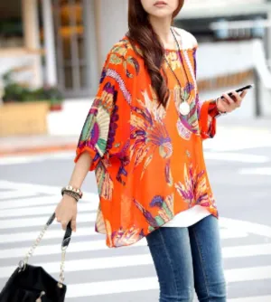 Women's Chiffon Tunic Top with Lush Tropical Print