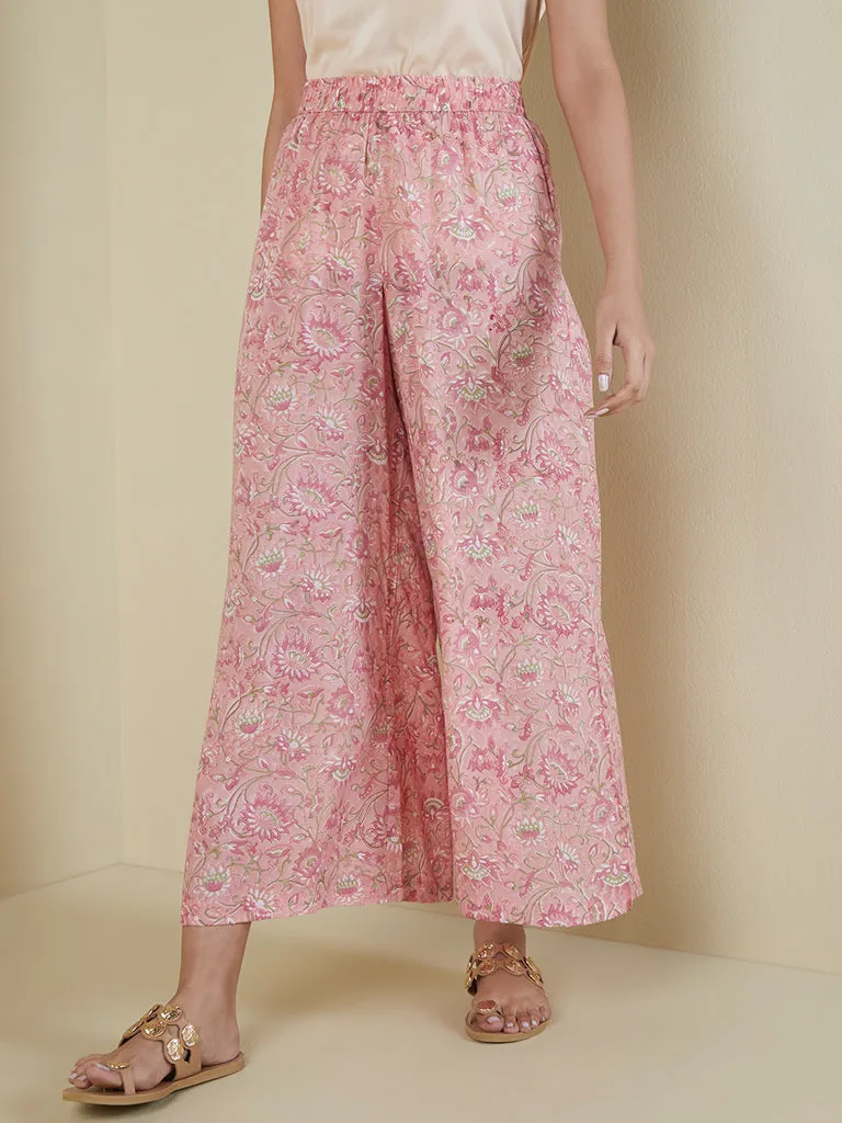 Zuba Light Pink Floral-Printed Flared Palazzos